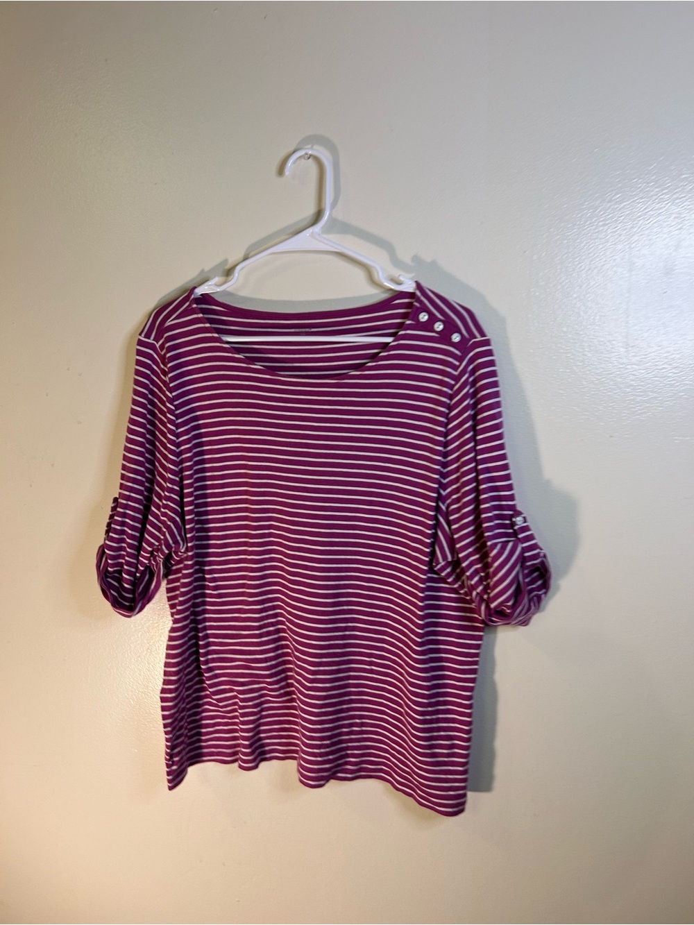 CJ Banks Purple and White Striped Boatneck Top with Button Shoulder